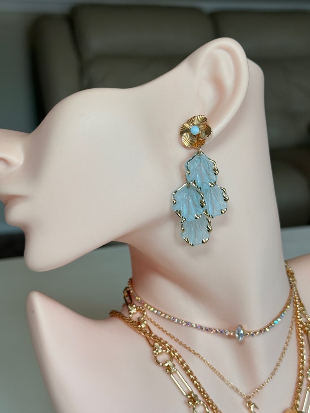 Gold and Light Blue Leaf Drop Earrings